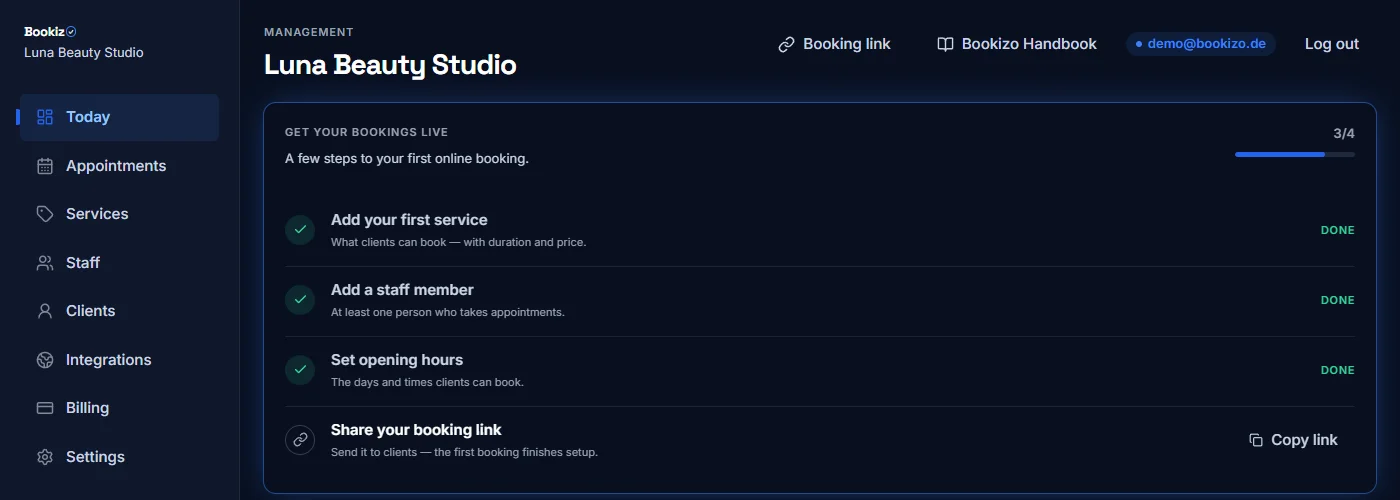 Bookizo admin in English: Today, Appointments, Services, Team and the setup steps