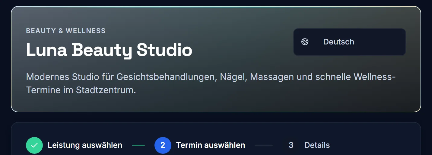 Buchungsseite von Luna Beauty Studio auf Deutsch, mit den Schritten Leistung auswählen, Termin auswählen und Details